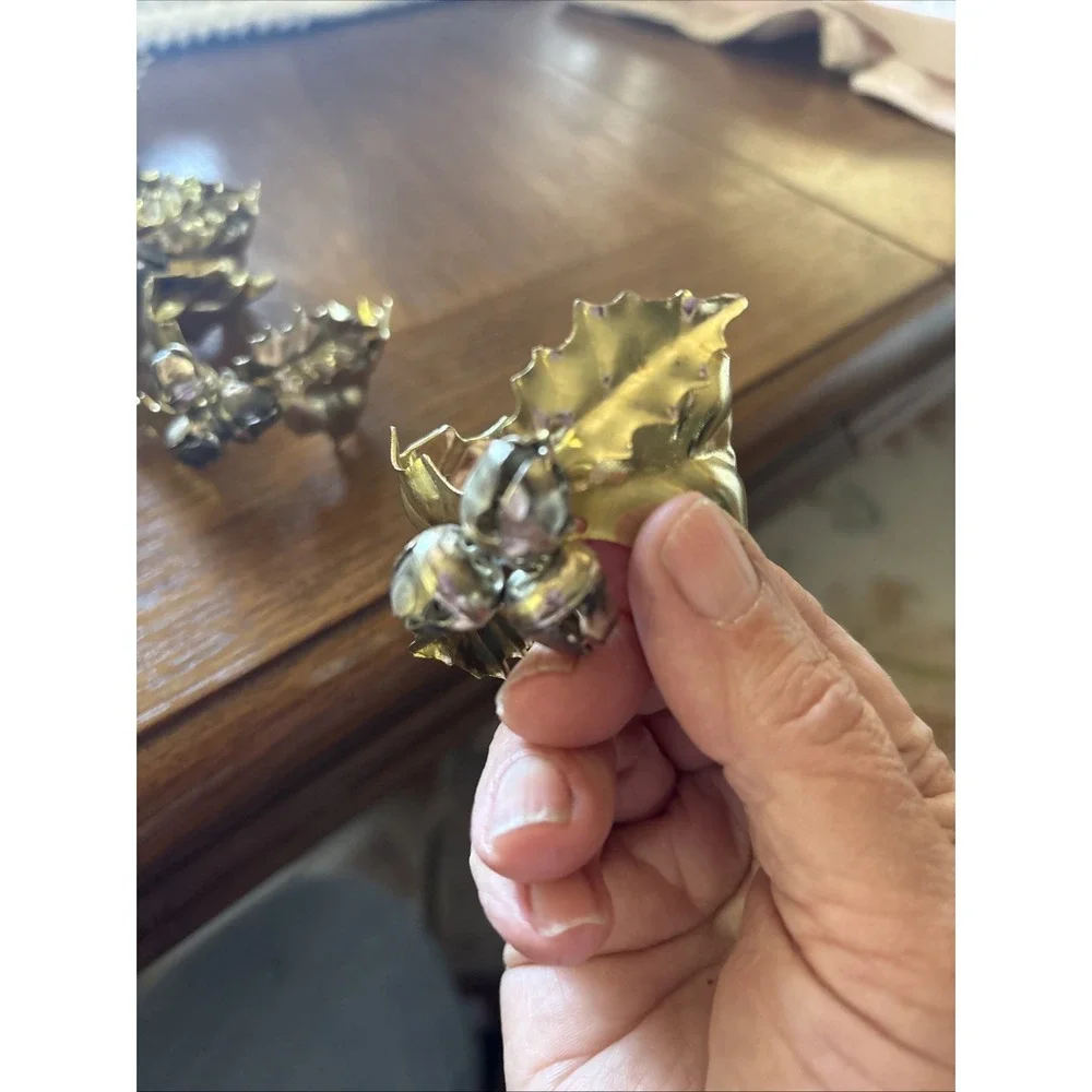 Vintage Christmas Gold Metal Holly Leaf and Bell Berries Napkin Rings Lot Of 12